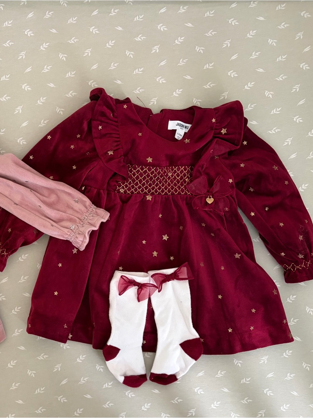 Jason Wu Burgundy and Gold Star Smocked Velvet Dress